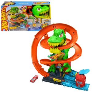 Hot Wheels City T-Rex Blaze Battle Playset & 1:64 Scale Die-Cast Car, Dinosaur Nemesis